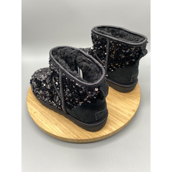 UGG Boots Womens Size 6 Black Mini Chunky Leather Shearling Sequin Wool 1130602 - Picture 6 of 12